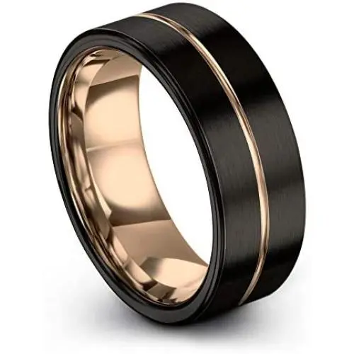 Midnight Rose Collection Tungsten Wedding Band Ring 9mm for Men Women 18k Rose Gold Plated Flat Cut Center Line Black Brushed Polished Midnight Rose Collection Tungsten Wedding Band Ring 9mm for Men Women 18k Rose Gold Plated Flat Cut Center Line Black Brushed Polished