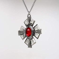 Medallion with Red Stone Medieval Renaissance Silver Finish Pendant Necklace