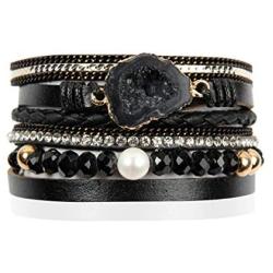 RIAH FASHION Bohemian Leatherette Wrap Multi Layer Statement Bracelet - Wrist Cuff Cubic Rhinestone, Sparkly Bead, Faux Druzy Crystal, Natural Stone Pearl