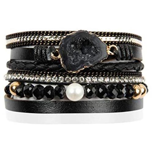 RIAH FASHION Bohemian Leatherette Wrap Multi Layer Statement Bracelet - Wrist Cuff Cubic Rhinestone, Sparkly Bead, Faux Druzy Crystal, Natural Stone Pearl