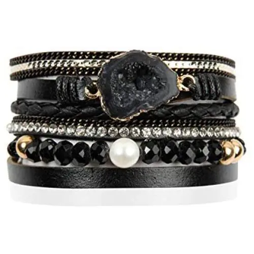 RIAH FASHION Bohemian Leatherette Wrap Multi Layer Statement Bracelet - Wrist Cuff Cubic Rhinestone, Sparkly Bead, Faux Druzy Crystal, Natural Stone Pearl RIAH FASHION Bohemian Leatherette Wrap Multi Layer Statement Bracelet - Wrist Cuff Cubic Rhinestone, Sparkly Bead, Faux Druzy Crystal, Natural Stone Pearl