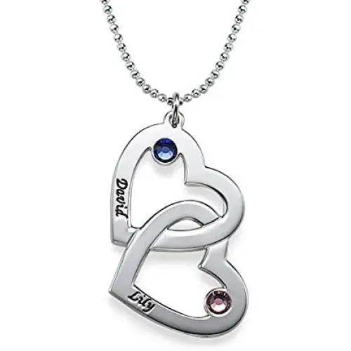 MyNameNecklace Personalized Engraved 2 Hearts Necklace-Couple Pendant Made with Swarovski Crystals- Valentines Jewelry Gift