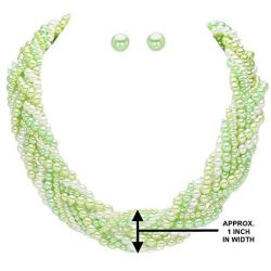 Sophia Collection Wide Light Mint Green, Sea Foam and White Imitation-Pearl Braided Necklace and Earrings