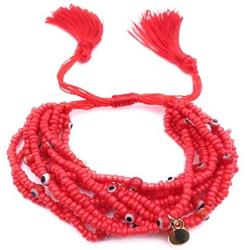 LESLIE BOULES Red Multi Strand Miyuki Glass Seed Beads Adjustable Tassel Bracelet Handmade Jewelry