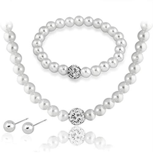 Brishow Wedding Pearl Necklace Earrings Bracelet Jewelry Set Silver Bride Crystal Pearl Chain Bridal Fit for Women and Girls