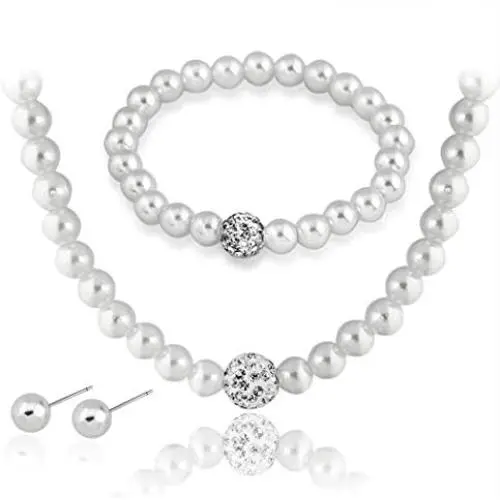 Brishow Wedding Pearl Necklace Earrings Bracelet Jewelry Set Silver Bride Crystal Pearl Chain Bridal Fit for Women and Girls Brishow Wedding Pearl Necklace Earrings Bracelet Jewelry Set Silver Bride Crystal Pearl Chain Bridal Fit for Women and Girls