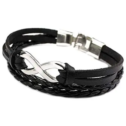 Double-Layered Handmade Braided Leather Wrap Bracelet Alloy Infinity Shaped Bracelets, 8.3'' Double-Layered Handmade Braided Leather Wrap Bracelet Alloy Infinity Shaped Bracelets, 8.3''