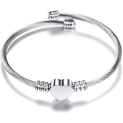 Stainless Steel Cable Wire Heart Charm Bangle Bracelet Anniversary Statement Promise Occasions
