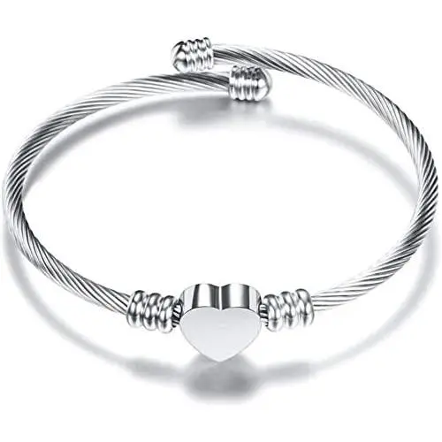 Stainless Steel Cable Wire Heart Charm Bangle Bracelet Anniversary Statement Promise Occasions Stainless Steel Cable Wire Heart Charm Bangle Bracelet Anniversary Statement Promise Occasions