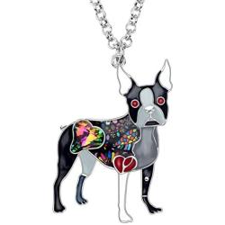 WEVENI Alloy Enamel Rhinestone Boston Terrier Dog Necklace for Women Girls Crystal Pendant Pet Jewelry Gifts