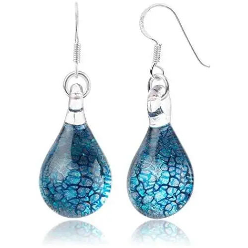 925 Sterling Silver Hand Blown Venetian Murano Glass Blue Silver Water Drop Shaped Dangle Earrings 925 Sterling Silver Hand Blown Venetian Murano Glass Blue Silver Water Drop Shaped Dangle Earrings