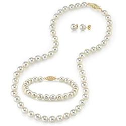THE PEARL SOURCE 14K Gold 7-7.5mm Round White Akoya Cultured Pearl Necklace, Bracelet & Earrings Set in 17'' Princess Length for Women