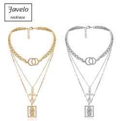 Favelo Religious Layered Choker Necklace Silver Interlocking Circle Cross Pendant Necklaces Chain Hollow Rectangle Chain Jewelry Adjustable for Women and Girls (Silver)