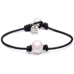 Cultured Freshwater Single Pearl Bracelet Handmade Genuine Leather Wrap Bracelet with Charm Jewelry 7.8