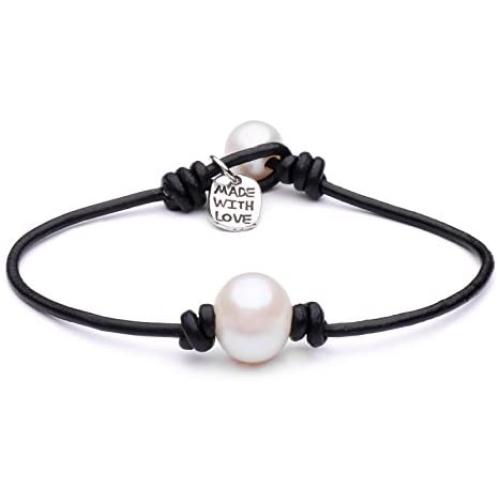 Cultured Freshwater Single Pearl Bracelet Handmade Genuine Leather Wrap Bracelet with Charm Jewelry 7.8