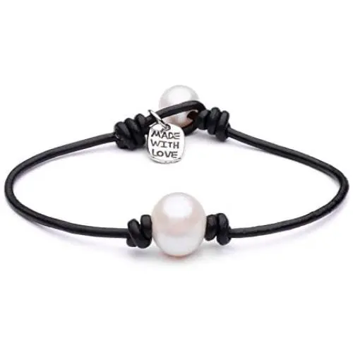 Cultured Freshwater Single Pearl Bracelet Handmade Genuine Leather Wrap Bracelet with Charm Jewelry 7.8