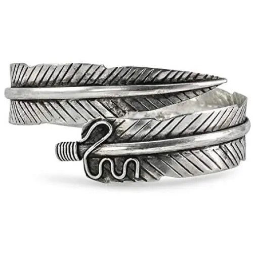 Handmade Adjustable Silver Feather Arm Cuff Bracelet | Silver Rustic Bohemian Vintage Ethnic Tribal Jewelry for Women or Men by Culture Cross