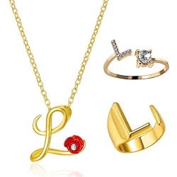 Harlermoon Initial Necklace Finger Rings Set A-Z 26 Letter Alphabet Necklace with Flower Crystal Initial Open Statement Rings Jewelry