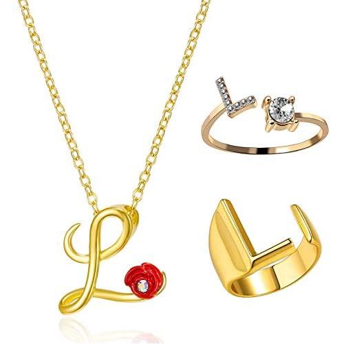 Harlermoon Initial Necklace Finger Rings Set A-Z 26 Letter Alphabet Necklace with Flower Crystal Initial Open Statement Rings Jewelry