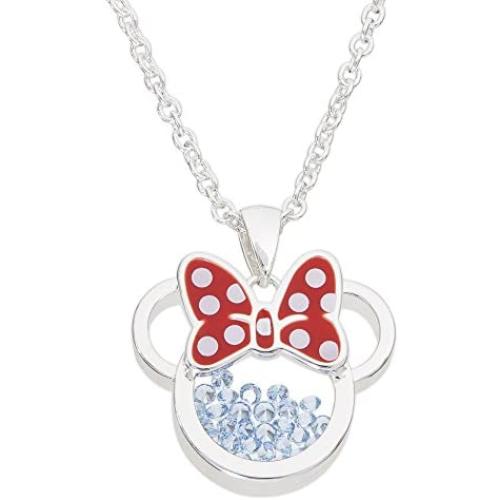 Disney Birthstone Women and Girls Jewelry Minnie Mouse Silver Plated Shaker Pendant Necklace, 18+2'' Extender