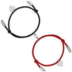 Nokoor Magnetic Couples Bracelets Relationship Distance Mutual Attraction Matching Bracelets, Handmade His and Hers Promise Heart Leather Braided Rope Adjustable Gift for Women Lover Sisters