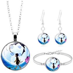 WKS Coraline Necklace Bracelet and Earring 3 Sets Movie Pendant Keyring Cosplay Jewelry Gift for Girls and Women, Silver, Medium