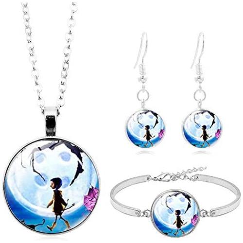 WKS Coraline Necklace Bracelet and Earring 3 Sets Movie Pendant Keyring Cosplay Jewelry Gift for Girls and Women, Silver, Medium