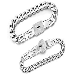 ZEINZE 2 PCS Lock Interlock Key Bracelet Titanium Steel Couples Bracelet Bangle Jewelry Romantic Gift for Valentines Day, Birthday Gift for Couples Lover(White)