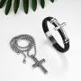 Cupimatch 2 Pcs Mens Cross Pendant Necklace Leather Bracelet Set, Stainless Steel 22 inch Chian 8.3 inch Magnetic Braided Bangle Jewelry