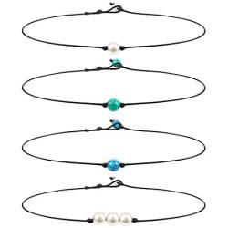 Blulu Single Pearl Choker Necklace 3 Bead Necklace Single Gemstone/Turquoise Choker and Blue Turquoise Necklace on Leather Cord for Women Girl,4 Pieces(Pearl and Turquoise)