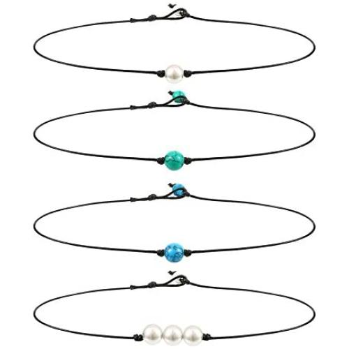 Blulu Single Pearl Choker Necklace 3 Bead Necklace Single Gemstone/Turquoise Choker and Blue Turquoise Necklace on Leather Cord for Women Girl,4 Pieces(Pearl and Turquoise)