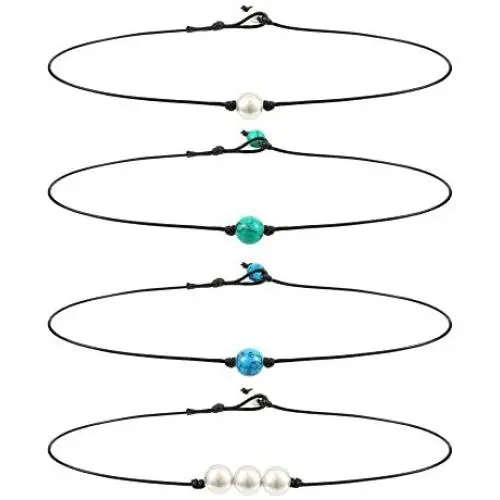 Blulu Single Pearl Choker Necklace 3 Bead Necklace Single Gemstone/Turquoise Choker and Blue Turquoise Necklace on Leather Cord for Women Girl,4 Pieces(Pearl and Turquoise) Blulu Single Pearl Choker Necklace 3 Bead Necklace Single Gemstone/Turquoise Choker and Blue Turquoise Necklace on Leather Cord for Women Girl,4 Pieces(Pearl and Turquoise)