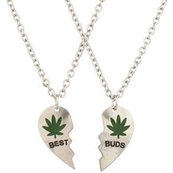LUX ACCESSORIES Best Buds BFF Best Friends Heart Valentine Forever Pot Marijuana Leaf Necklaces (2pc)