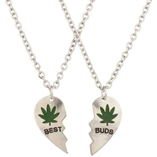 LUX ACCESSORIES Best Buds BFF Best Friends Heart Valentine Forever Pot Marijuana Leaf Necklaces (2pc)