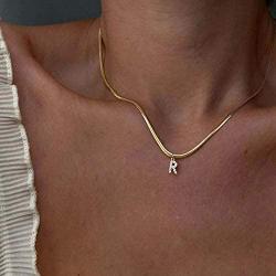 JUSZXY Initial Cubic Zirconia Necklace 14K Gold Plated Jewelry Gifts for Women Girls, Dainty Snake Chain Letter Choker Necklace Adjustable Chain 16'' + 2''
