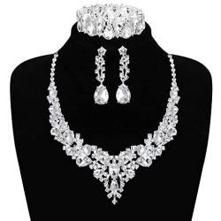 Hanpabum Bridal Austrian Crystal Teardrop Cluster Statement Necklace Dangle Earrings Jewelry Set Gifts Fit with Wedding Dress