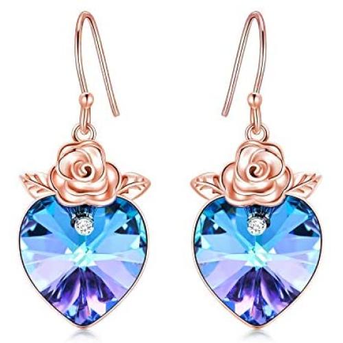 SISGEM 18K Rose Gold Plated Heart Crystal Dangle Hook Earrings for Women Girls Rose Flower Earrings with Cubic Zirconia Hypoallergenic Jewelry for Birthday Valentines Day 925 Sterling Silver