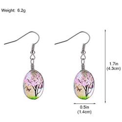 Tree of Life Dried Pressed Real Flowers Teardrop Hook Glass Drop Earrings（Pink）