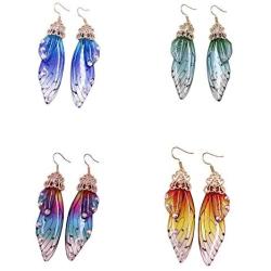 4 Pairs Multicolored Butterfly Wing Dangle Earrings Elegant Acrylic Insect Drop Earrings Crystal Dragonfly Wing Earrings for Women Girls Jewelry