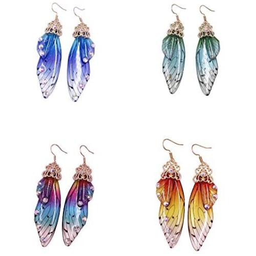 4 Pairs Multicolored Butterfly Wing Dangle Earrings Elegant Acrylic Insect Drop Earrings Crystal Dragonfly Wing Earrings for Women Girls Jewelry