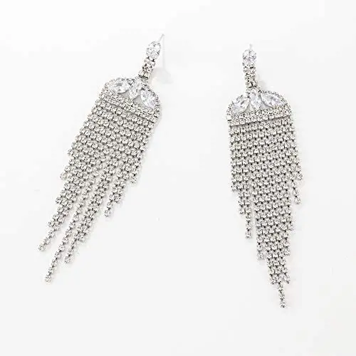 Long Rhinestone Fringe Earrings Big Sparkly Rhinestone Metal Chain Tassel Dangle Earrings Large Bling Crystal Rhinestone Chandelier Drop Earrings for Women Girls Jewelry(B)