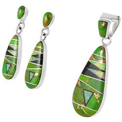 Matching Turquoise & Gemstones Set 925 Sterling Silver (Pendant, Earrings, Necklace 20'')