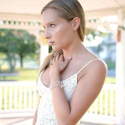 Mariell Bridal and Wedding Silver Bracelet with Crystal Gems and Freshwater Pearls, Fits 7'' to 8 ½'' Wrist