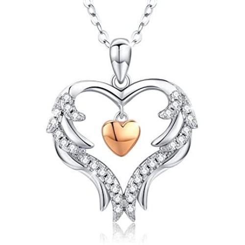 Angel Wing Heart Necklaces for Women 925 Sterling Silver Love Pendant Necklace with CZ Jewelry Gift for Mother/Wife/Sister
