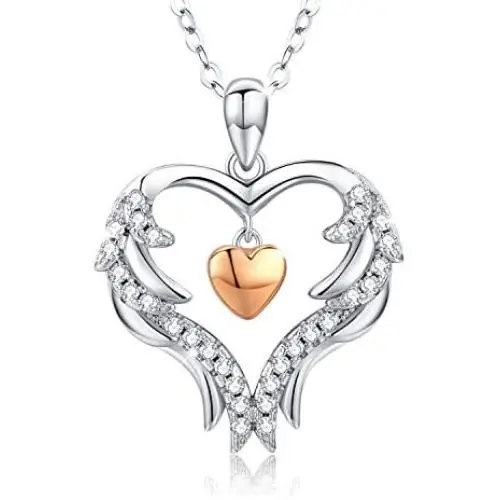 Angel Wing Heart Necklaces for Women 925 Sterling Silver Love Pendant Necklace with CZ Jewelry Gift for Mother/Wife/Sister