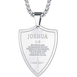 FaithHeart Joshua 1:9/Proverbs 4:23/Philippians 4:13/Luke 1:37 Bible Verse Pendant Necklace, 18K Gold Plated/Stainless Steel Shield/Dog Tag Jewelry with 3MM Box Chain