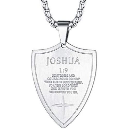 FaithHeart Joshua 1:9/Proverbs 4:23/Philippians 4:13/Luke 1:37 Bible Verse Pendant Necklace, 18K Gold Plated/Stainless Steel Shield/Dog Tag Jewelry with 3MM Box Chain