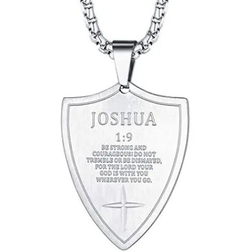 FaithHeart Joshua 1:9/Proverbs 4:23/Philippians 4:13/Luke 1:37 Bible Verse Pendant Necklace, 18K Gold Plated/Stainless Steel Shield/Dog Tag Jewelry with 3MM Box Chain FaithHeart Joshua 1:9/Proverbs 4:23/Philippians 4:13/Luke 1:37 Bible Verse Pendant Necklace, 18K Gold Plated/Stainless Steel Shield/Dog Tag Jewelry with 3MM Box Chain