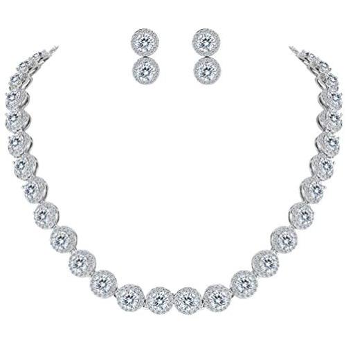 EVER FAITH Silver-Tone Round Cubic Zirconia Birthstone Row Necklace Earrings Set