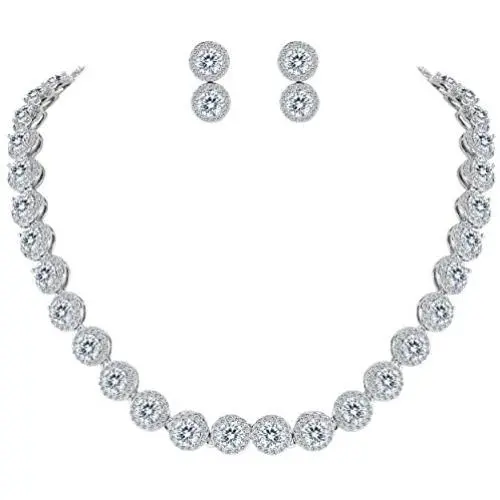 EVER FAITH Silver-Tone Round Cubic Zirconia Birthstone Row Necklace Earrings Set EVER FAITH Silver-Tone Round Cubic Zirconia Birthstone Row Necklace Earrings Set